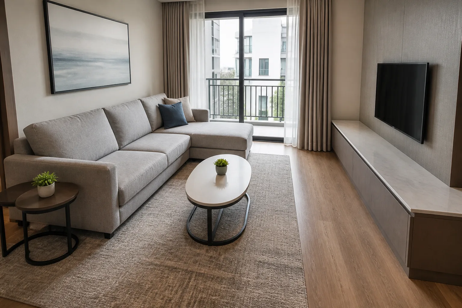 Serviced apartment sectional sofa and oval coffee table with clear balcony route