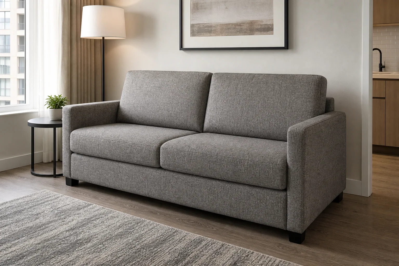 Sleeper sofa closed as daytime seating for guest accommodation