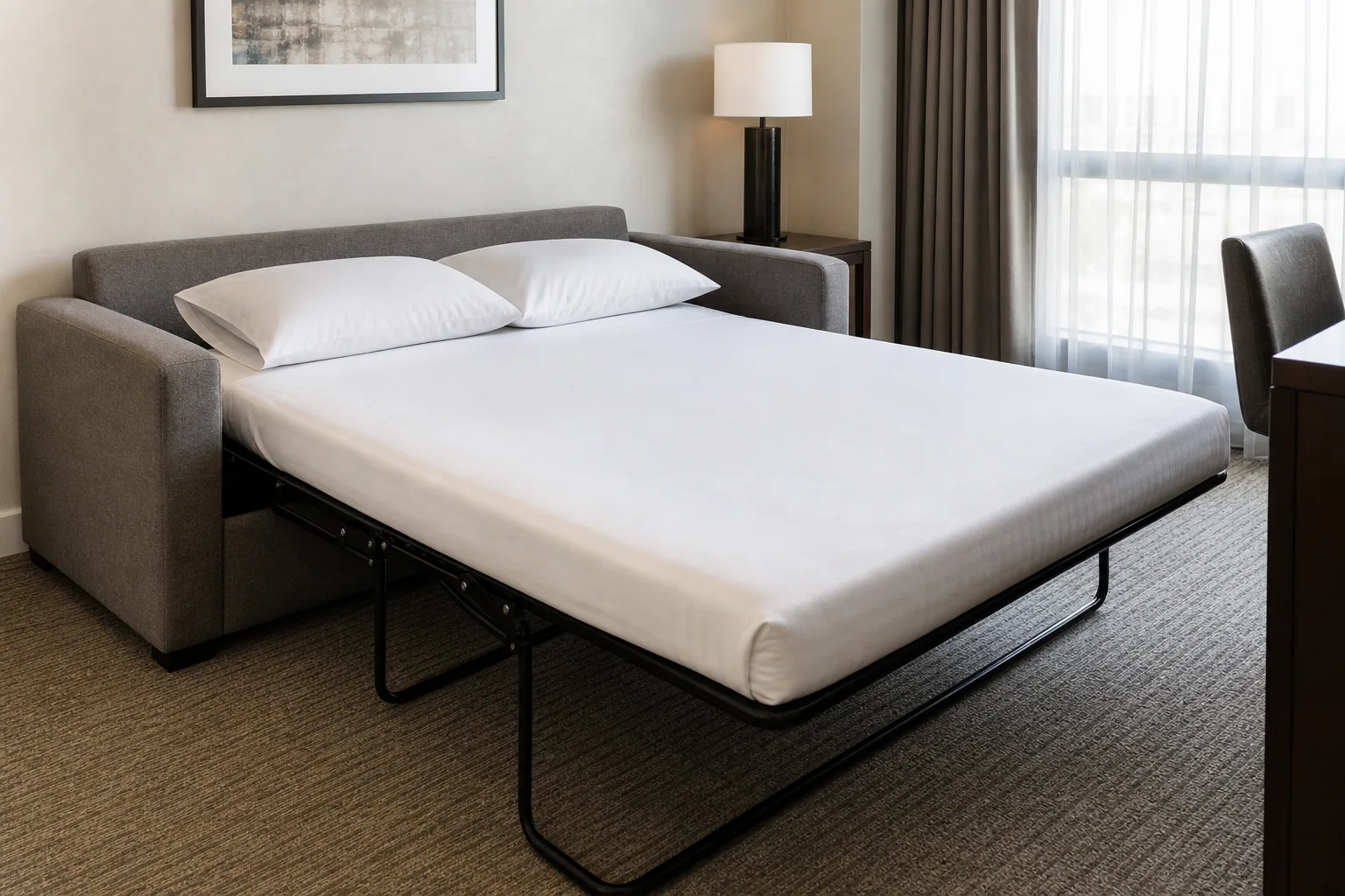 Sleeper sofa opened for guest sleeping in a hotel suite