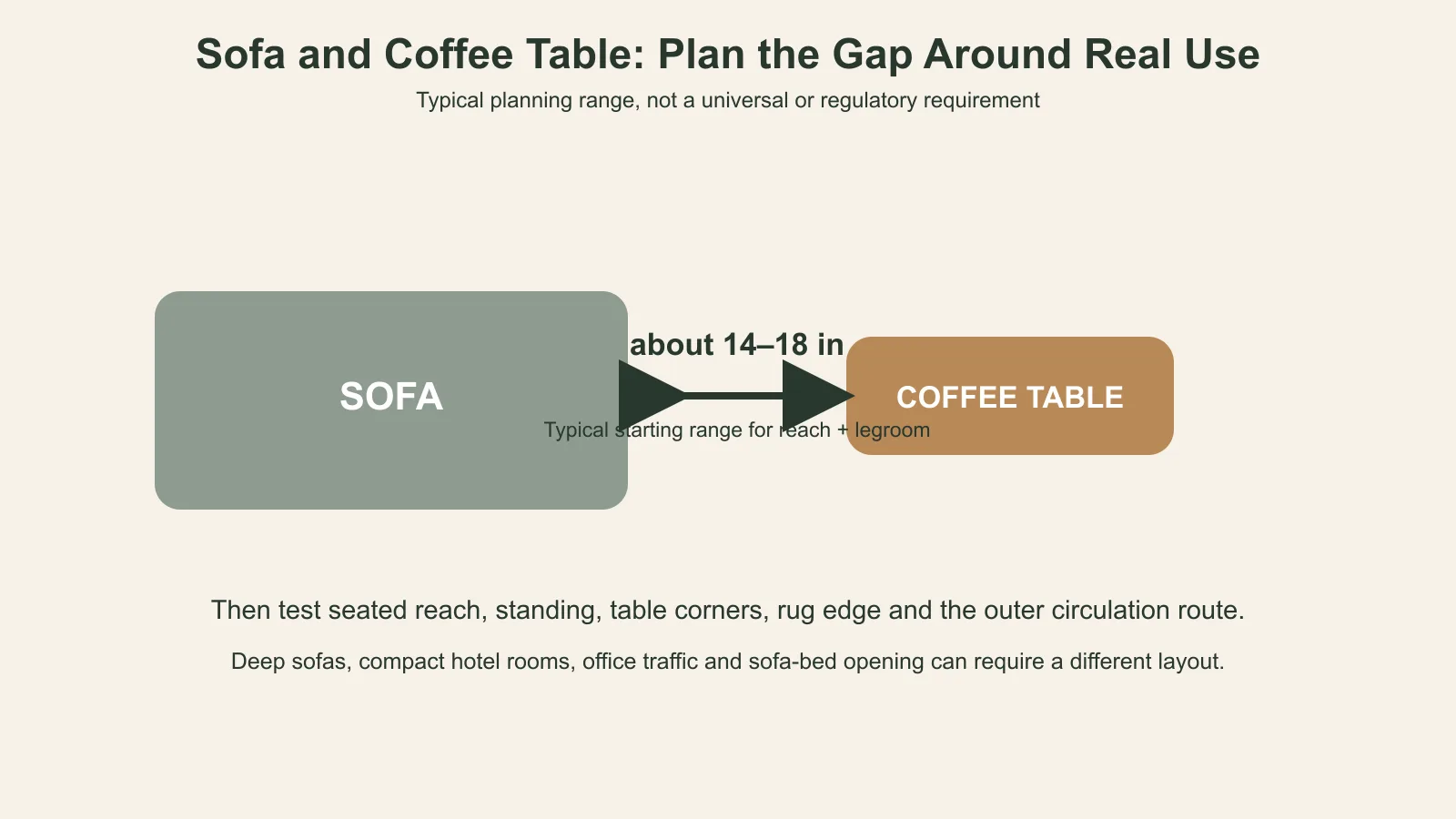 Sofa to coffee table spacing diagram showing a practical range