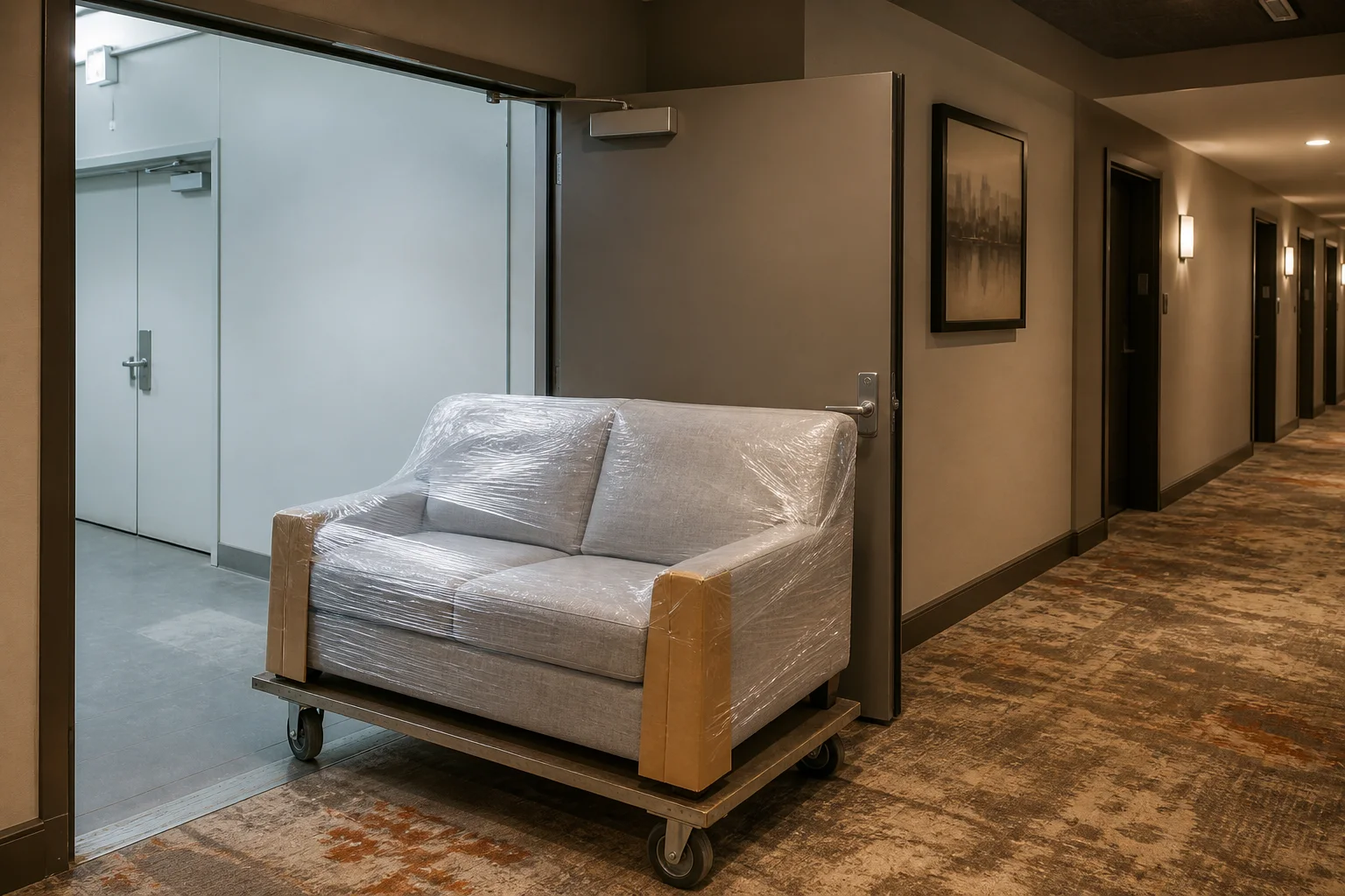 Wrapped two-seat sofa approaching an open hotel service doorway