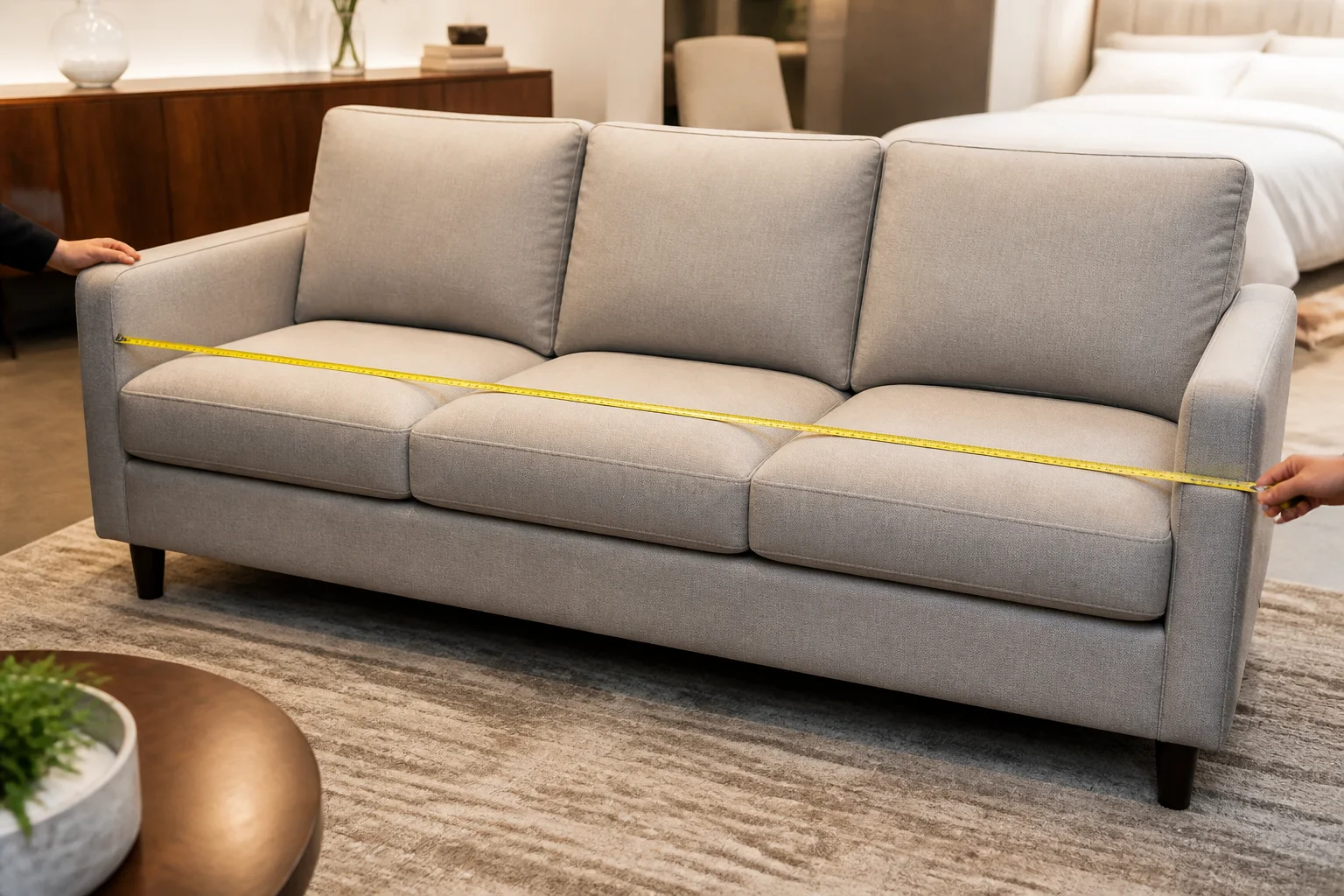 Tape measure checking usable sofa seat width between the arms