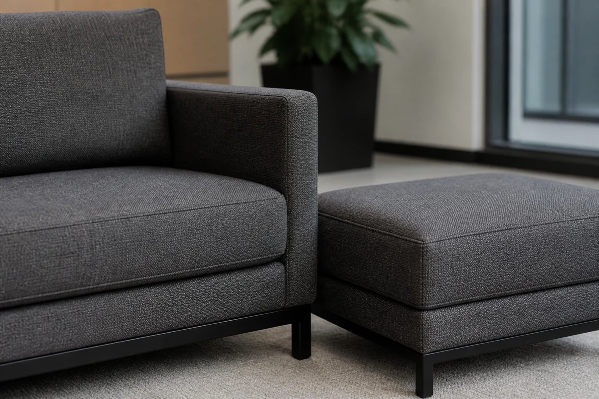 Matching sofa ottoman upholstery detail Matching commercial sofa and ottoman upholstery seams and metal base