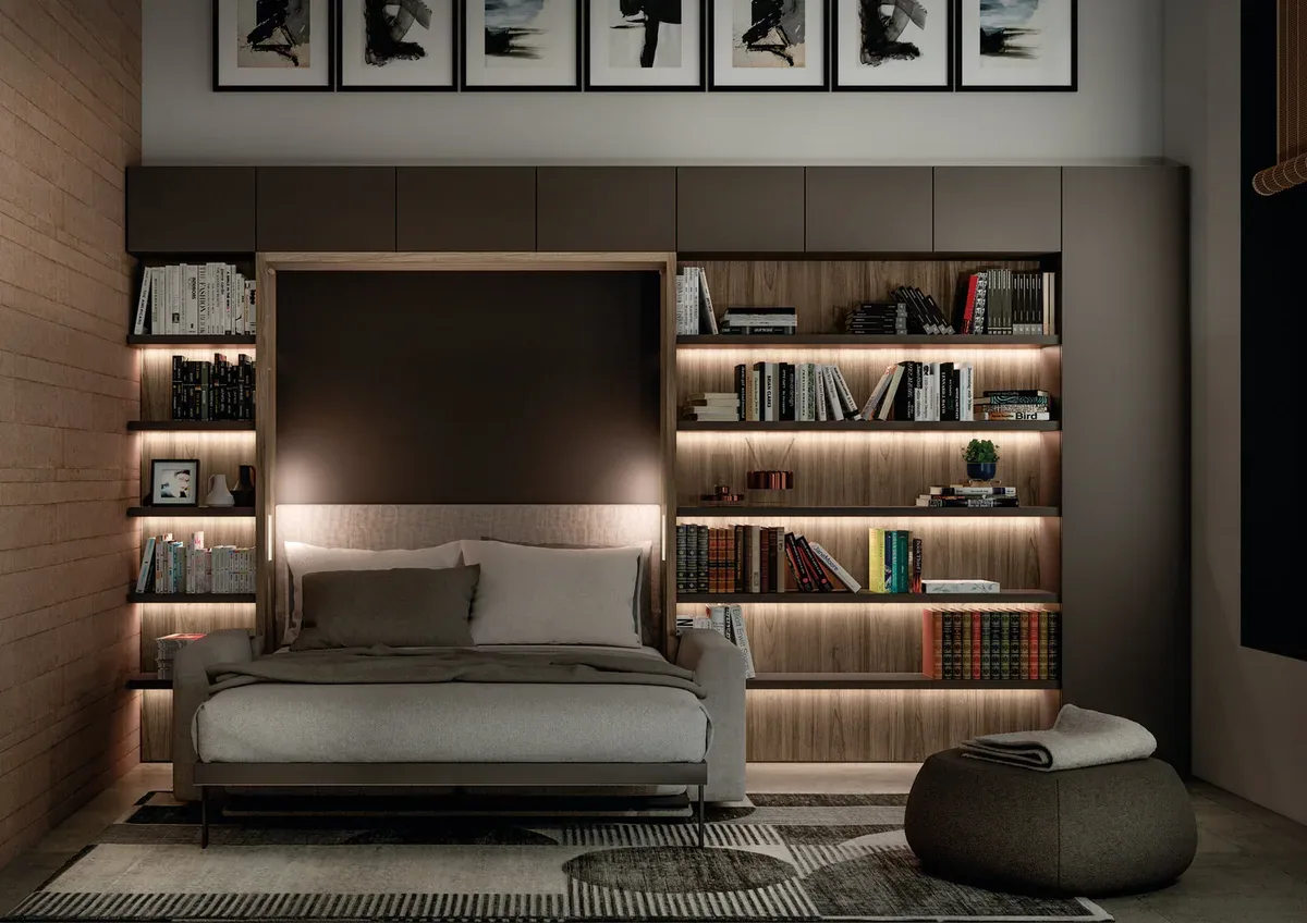 Space-saving sofa bed opened for a guest room sleeping position