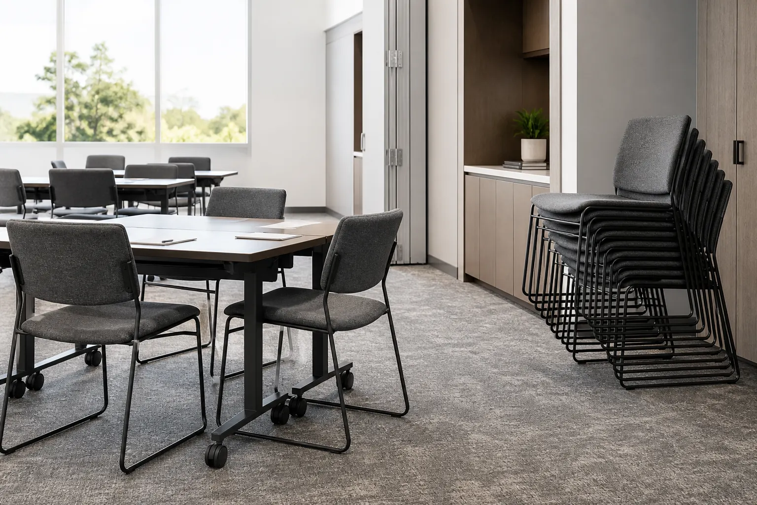 Stackable meeting room chairs in a flexible commercial training room