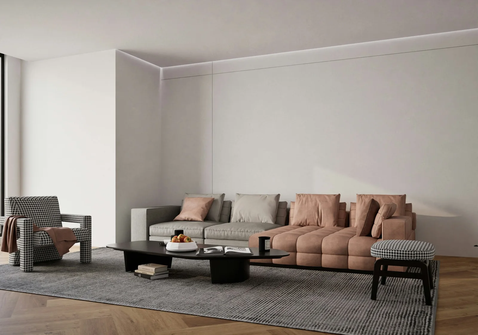 Straight and chaise sofas in a furnished lounge for overall measurement planning