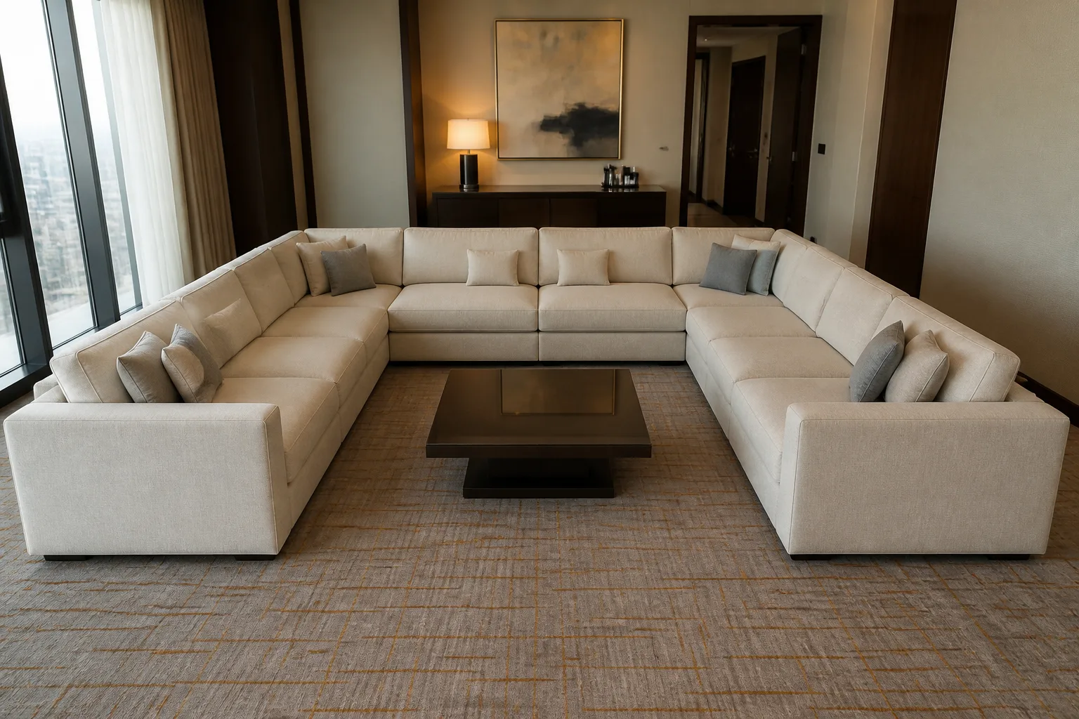 U-shaped sectional measurement U-shaped sectional sofa with both returns visible for measurement