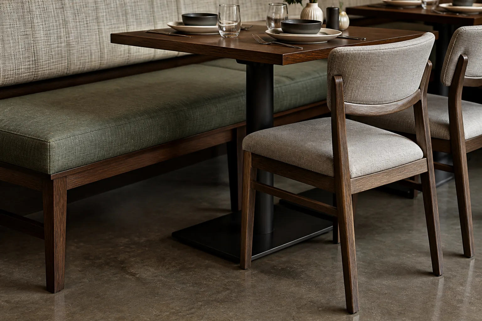 Upholstered dining bench and chairs with coordinated finishes