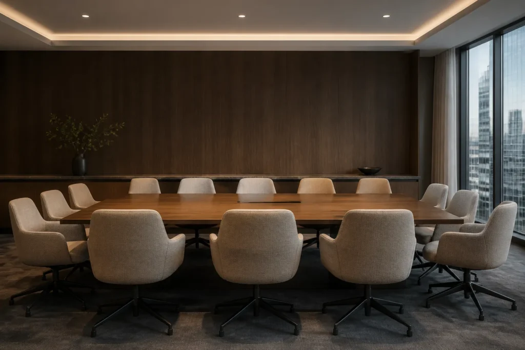 Upholstered conference chairs in a premium commercial meeting room