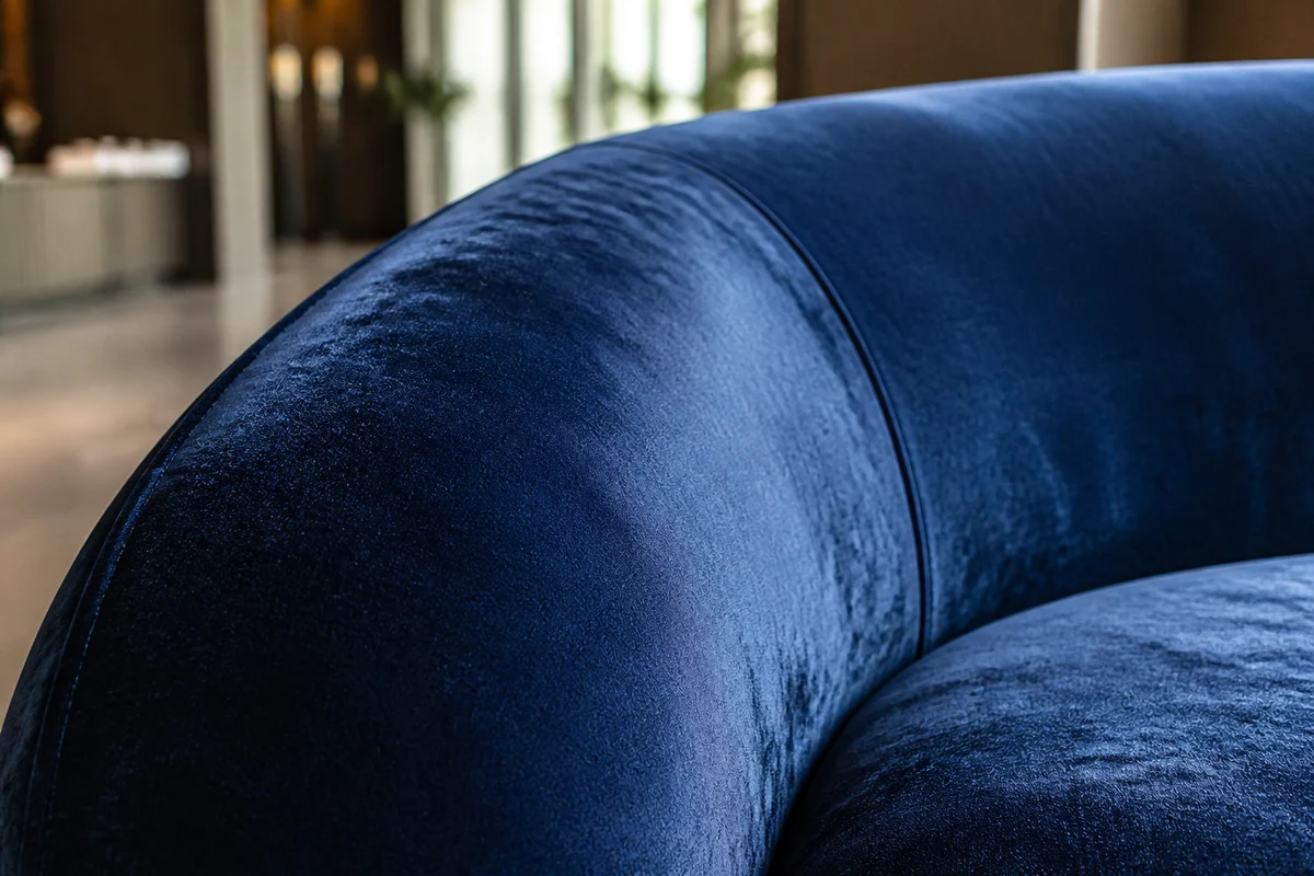 Velvet on a curved sofa arm Curved commercial velvet sofa arm showing pile direction and light