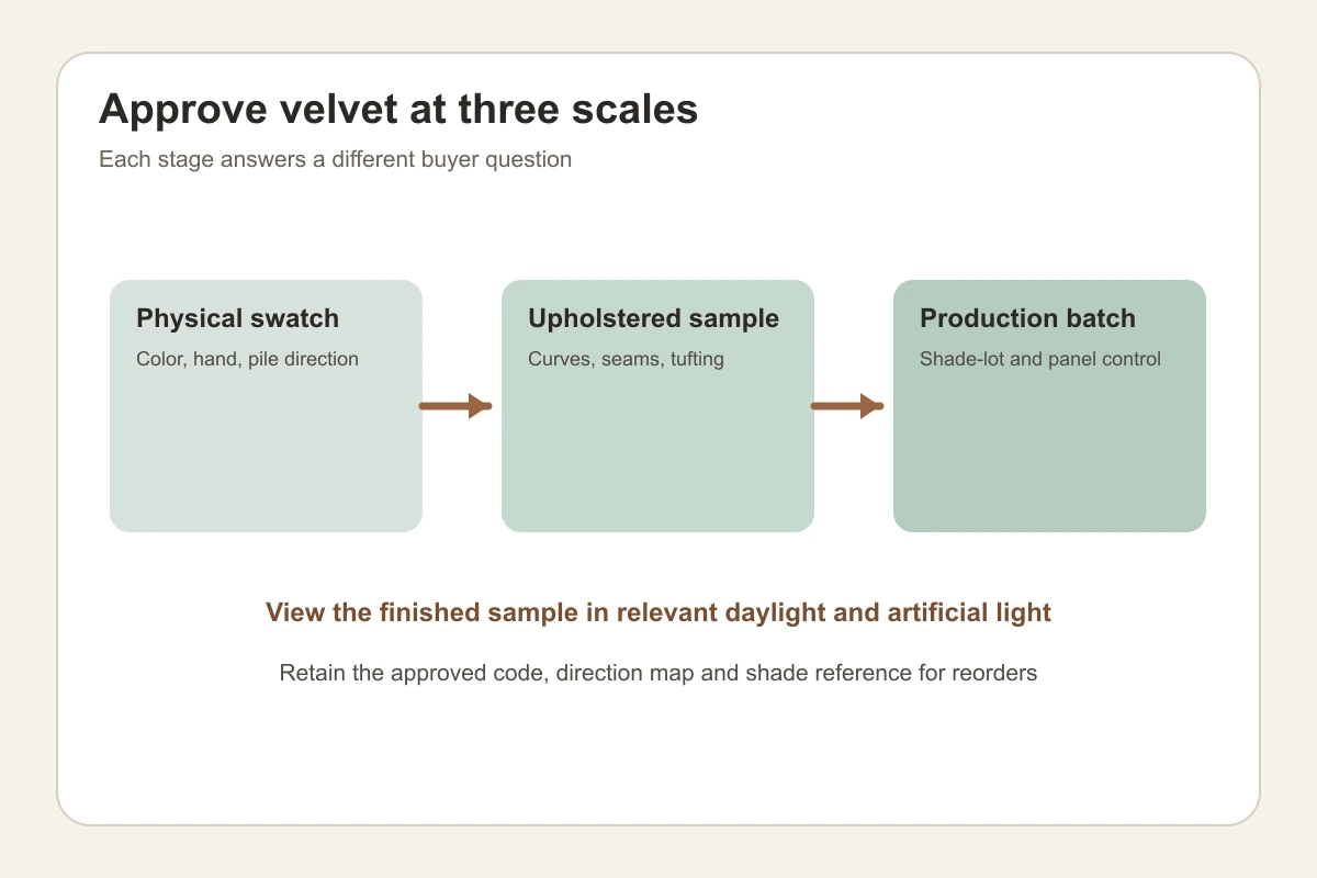 Velvet sofa approval stages Velvet sofa swatch upholstered sample and batch shade approval