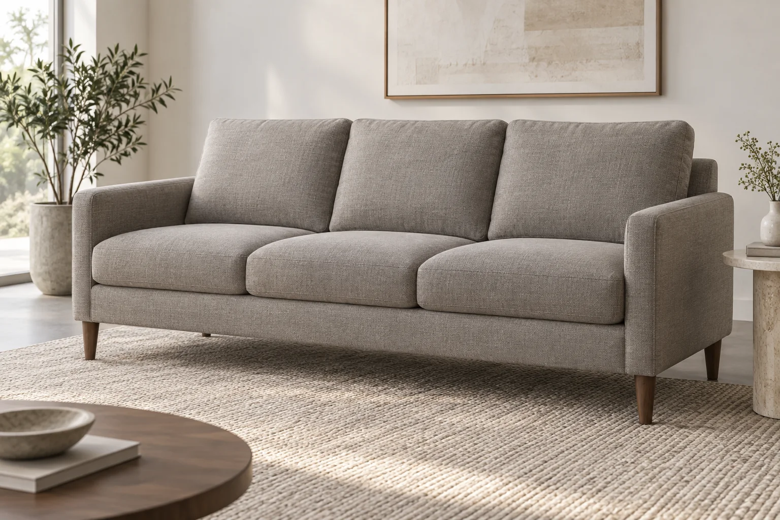 Straight three-seat upholstered sofa showing three seating positions