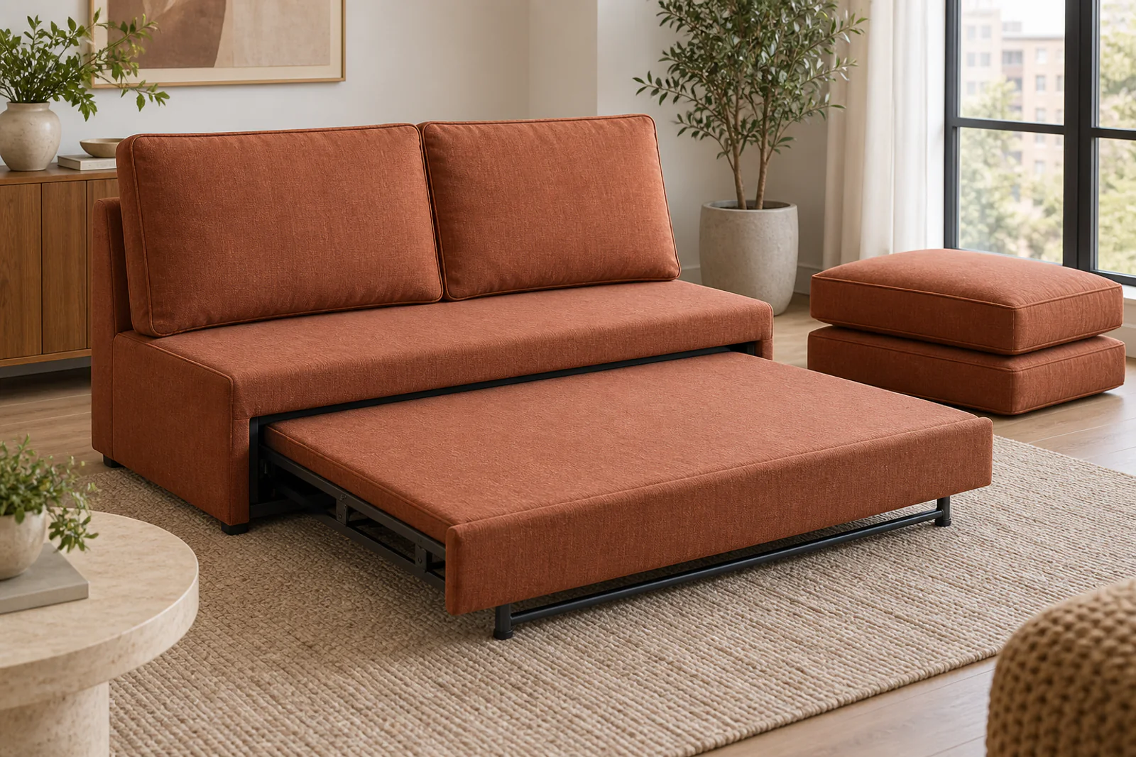 Armless sleeper sofa with its upholstered pull-out deck partly extended