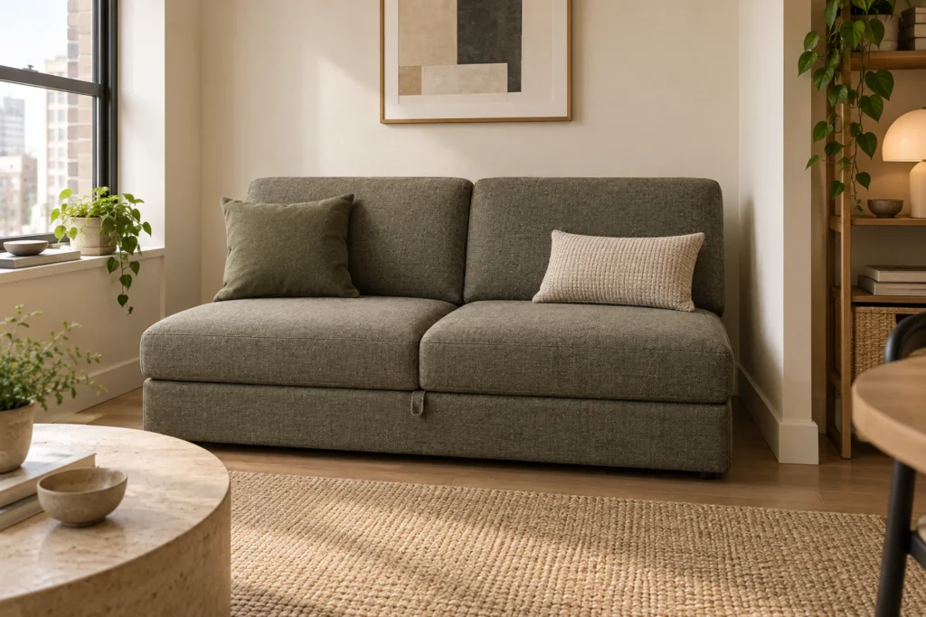 Armless two-seat sleeper sofa in closed mode in a compact apartment