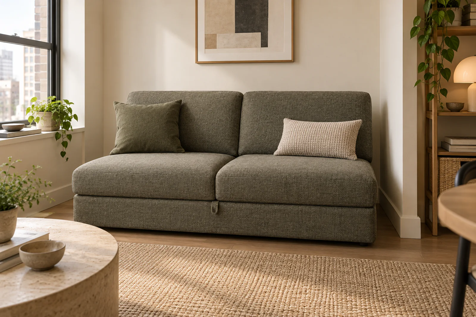 Armless two-seat sleeper sofa in closed mode in a compact apartment