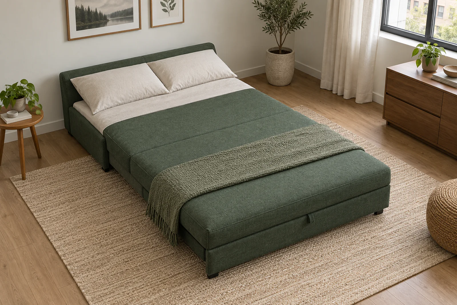 Armless sleeper sofa fully opened into a flat bed in a small room