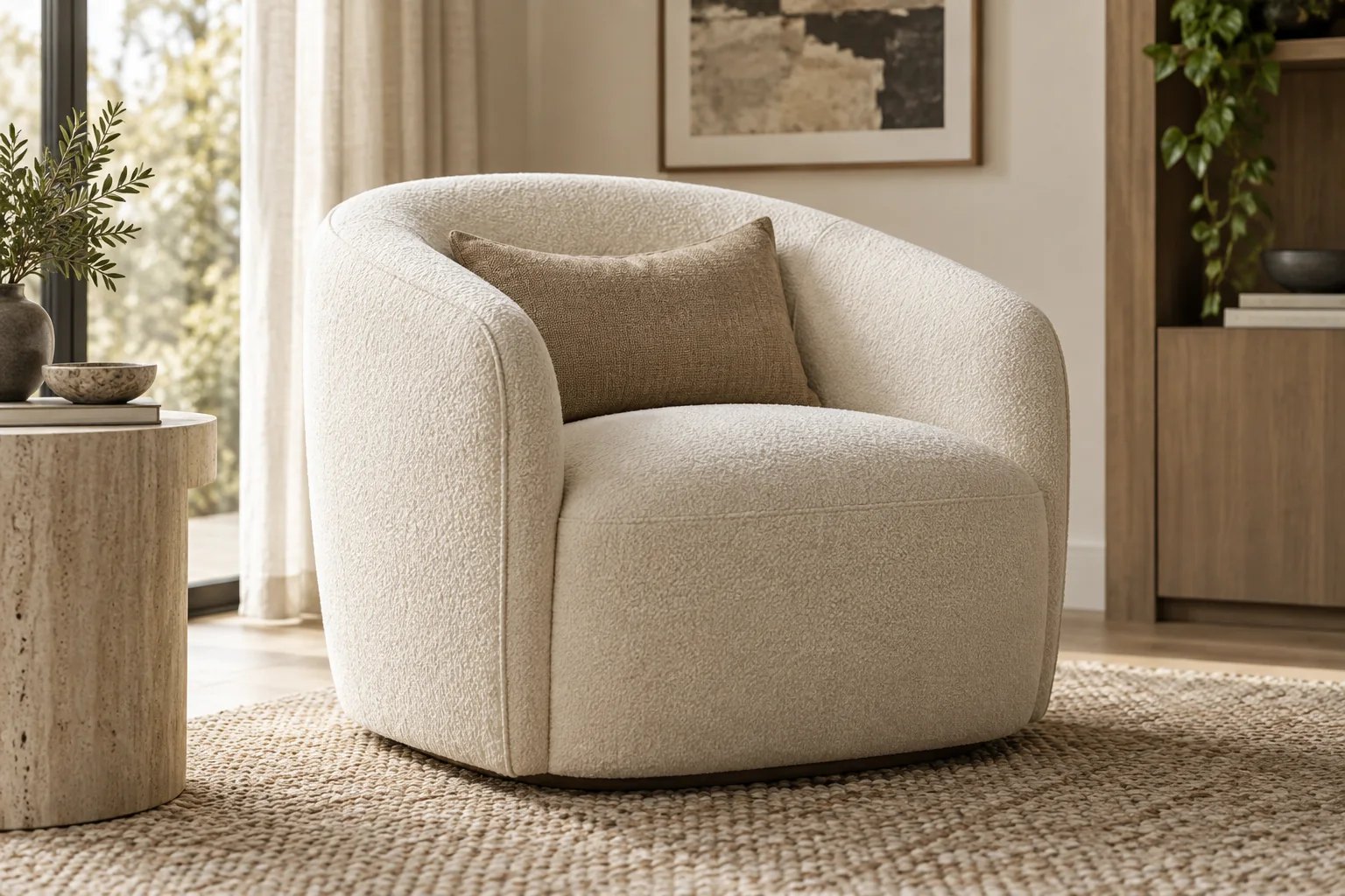 Rounded barrel tub lounge chair with continuous back and arms