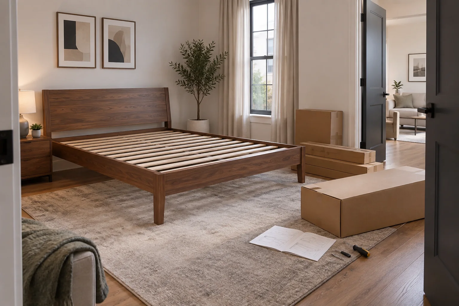 Platform bed frame in apartment room with delivery boxes near doorway