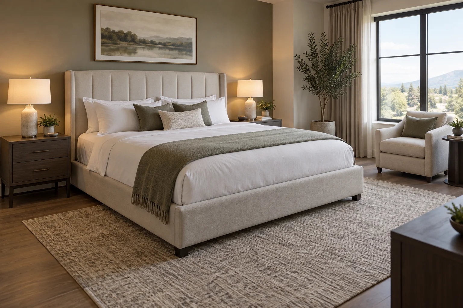 Complete upholstered bed in a guestroom with space around its sides and foot