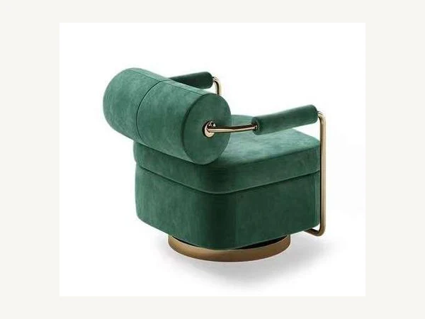 Green bolster-back swivel lounge chair with exposed curved frame