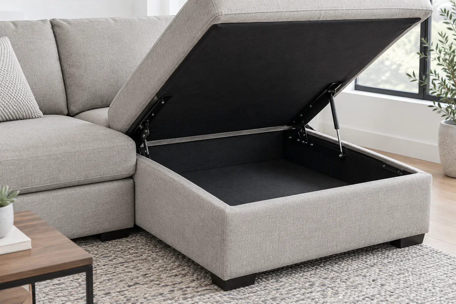 Lift-up chaise storage compartment with supported hinges