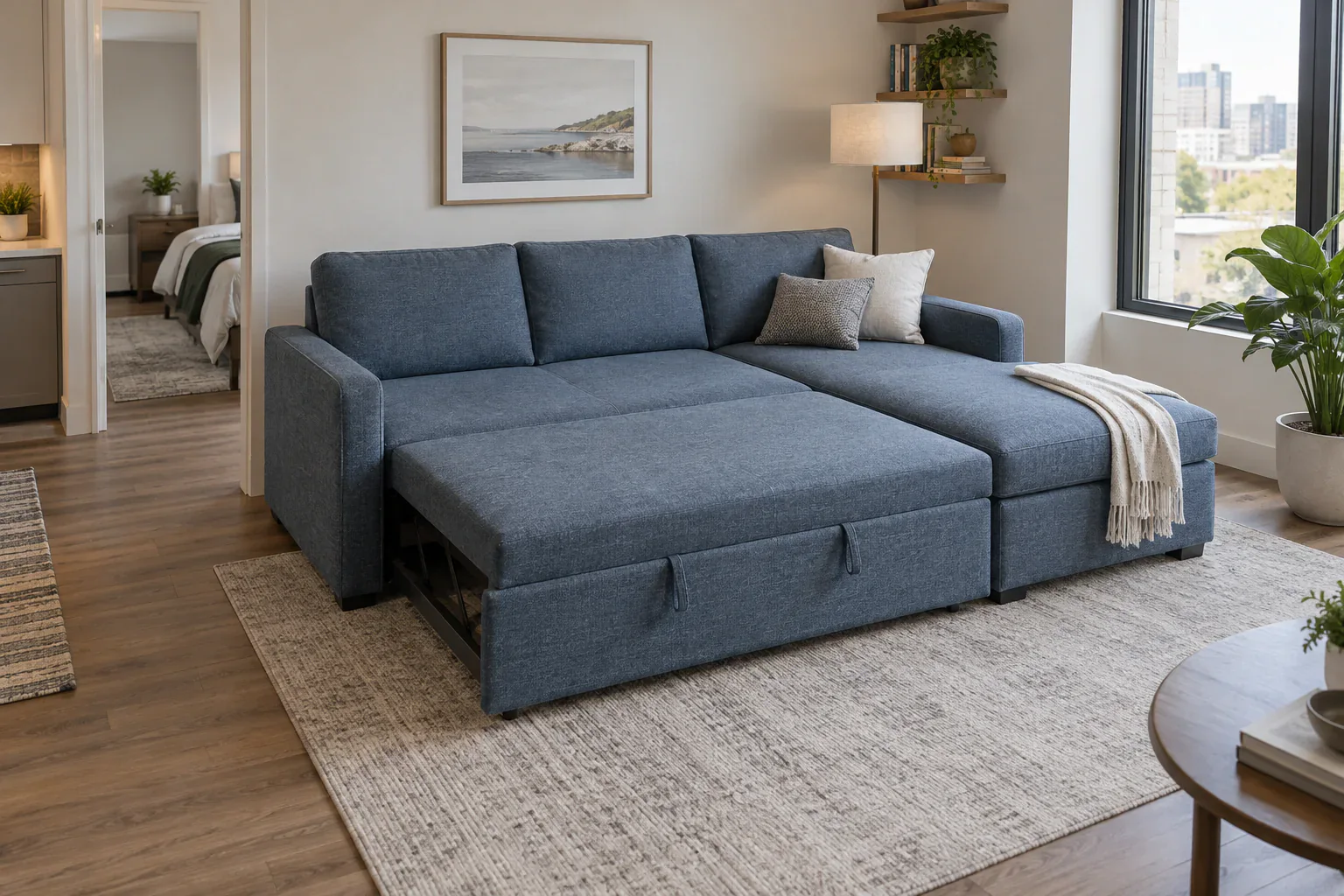 Sofa bed with chaise opened in an apartment with visible clearance