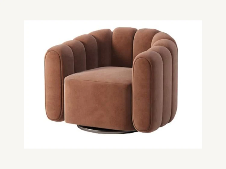 Channel-wrapped swivel lounge chair with rounded upholstered shell