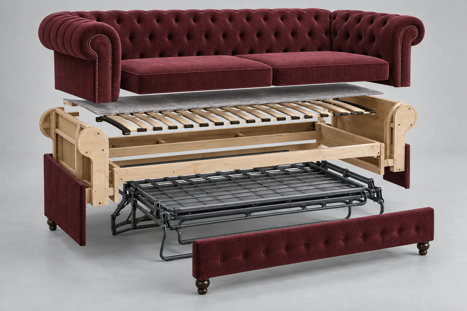 Chesterfield sleeper construction Exploded Chesterfield sleeper sofa showing upholstery frame and pull-out mechanism
