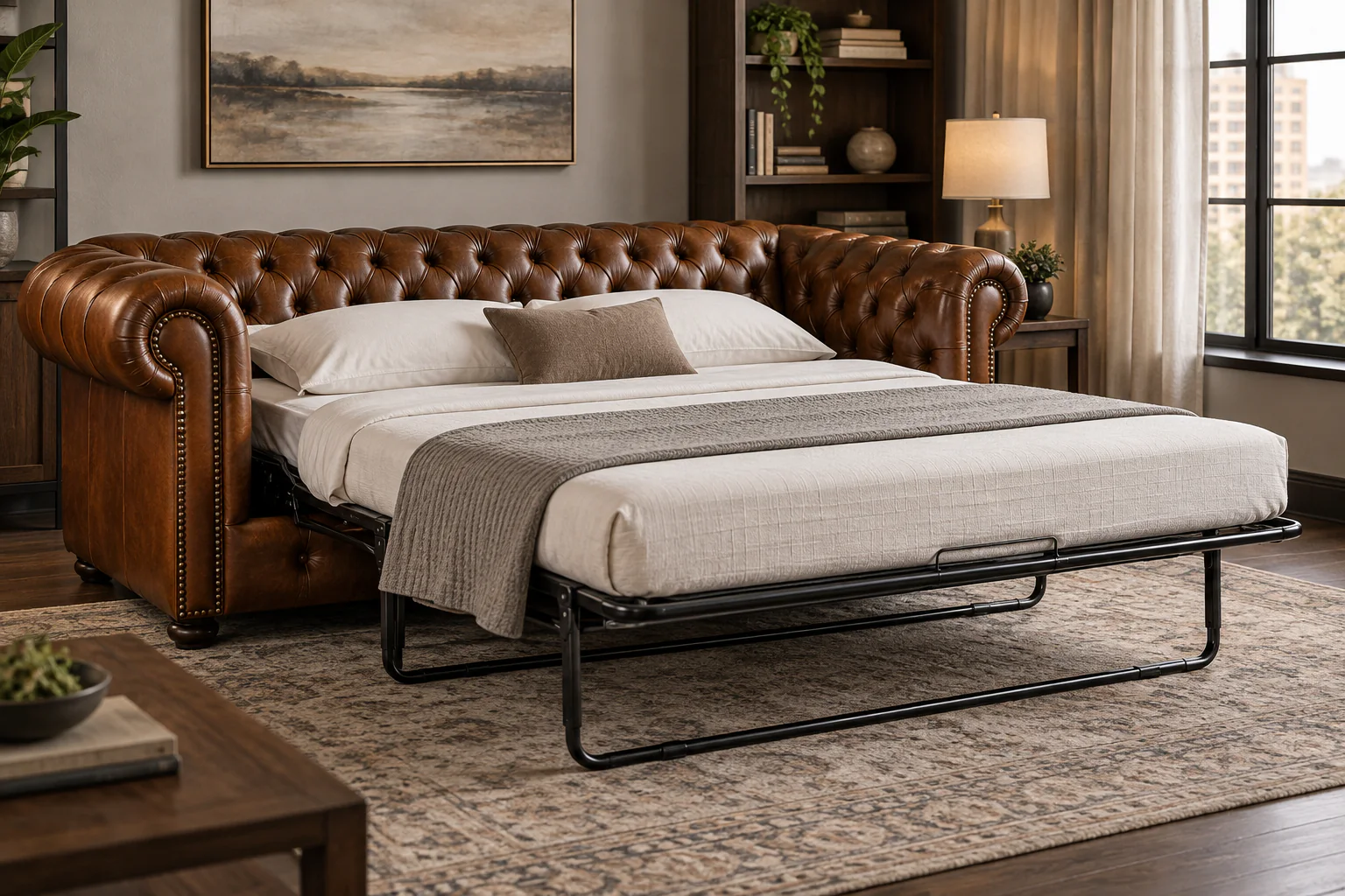 Chesterfield sleeper sofa open Chesterfield sleeper sofa opened on a pull-out bed frame