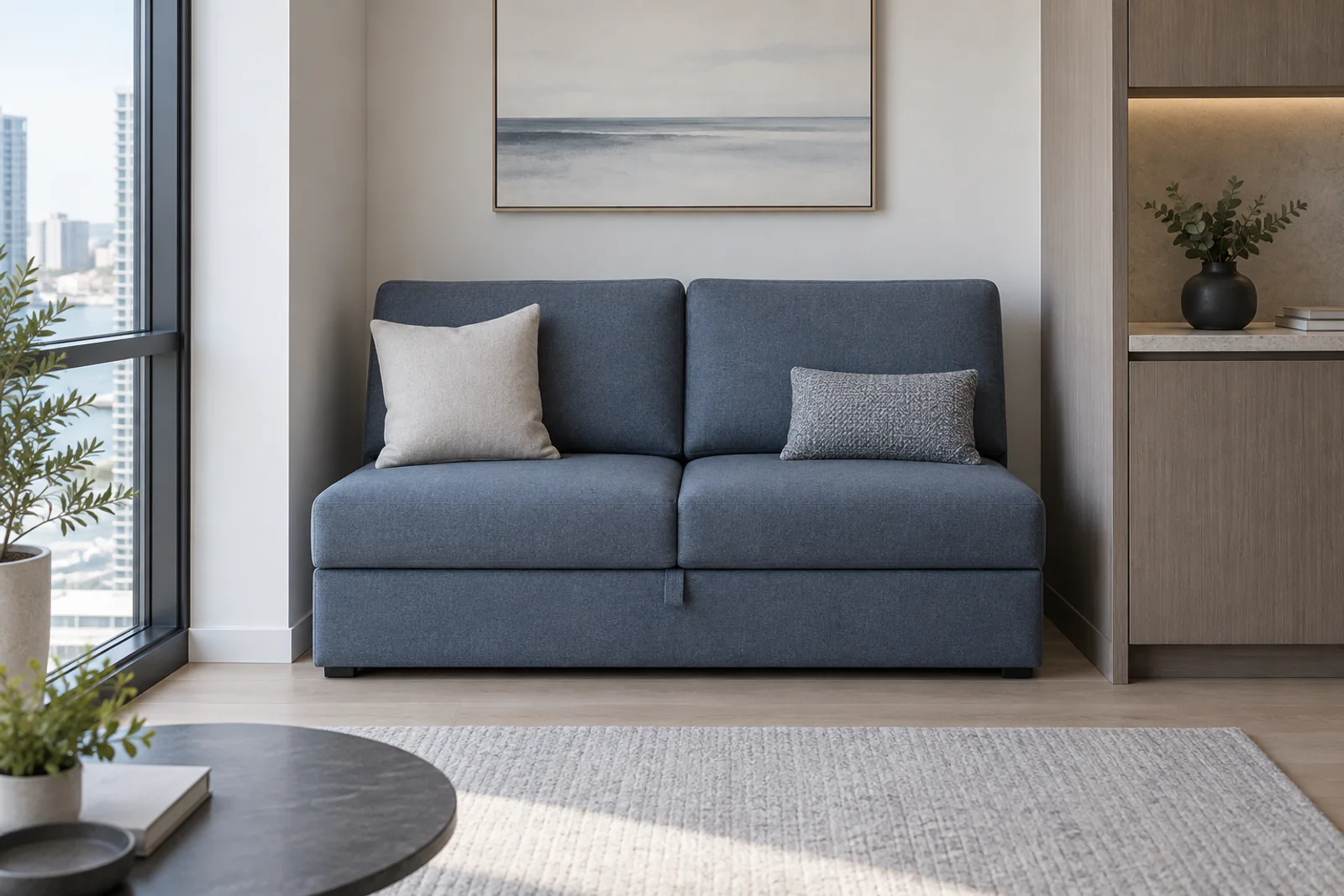 Compact armless sofa bed fitted in a measured apartment niche