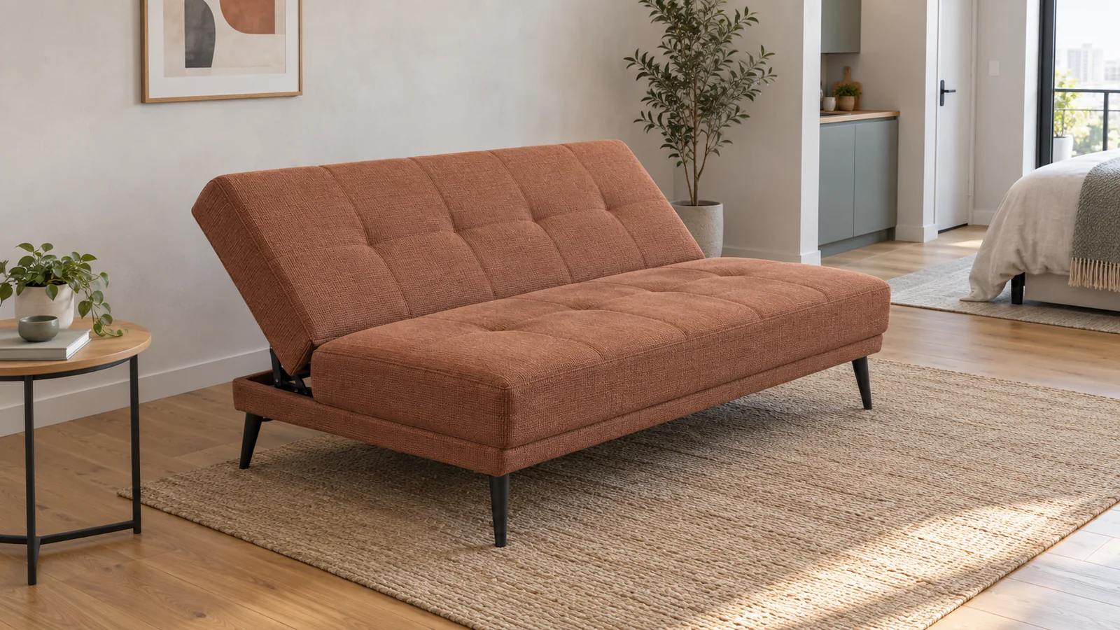 Compact click-clack sofa bed Compact click-clack sofa bed with its back folded into sleeping mode