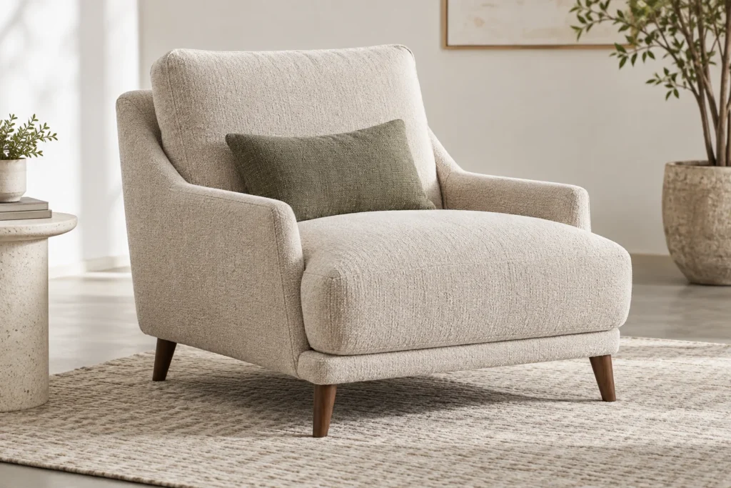 Lounge chair dimensions: compact upholstered chair with visible arms and seat