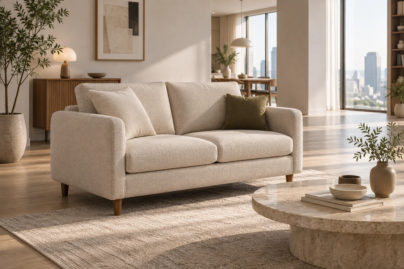 Compact two-seat sofa in an apartment lounge with circulation space