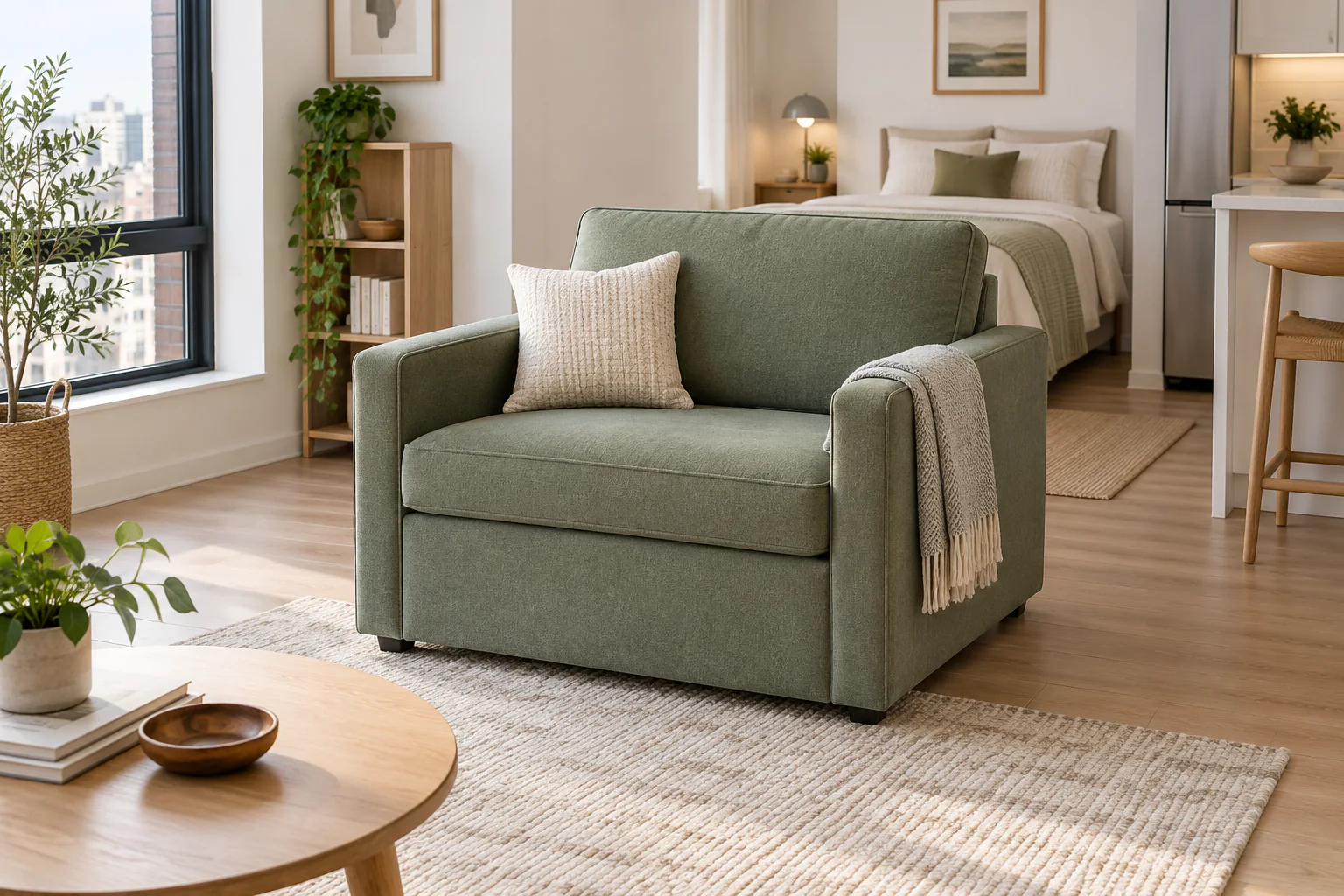 Compact twin sleeper sofa in closed mode in a studio apartment