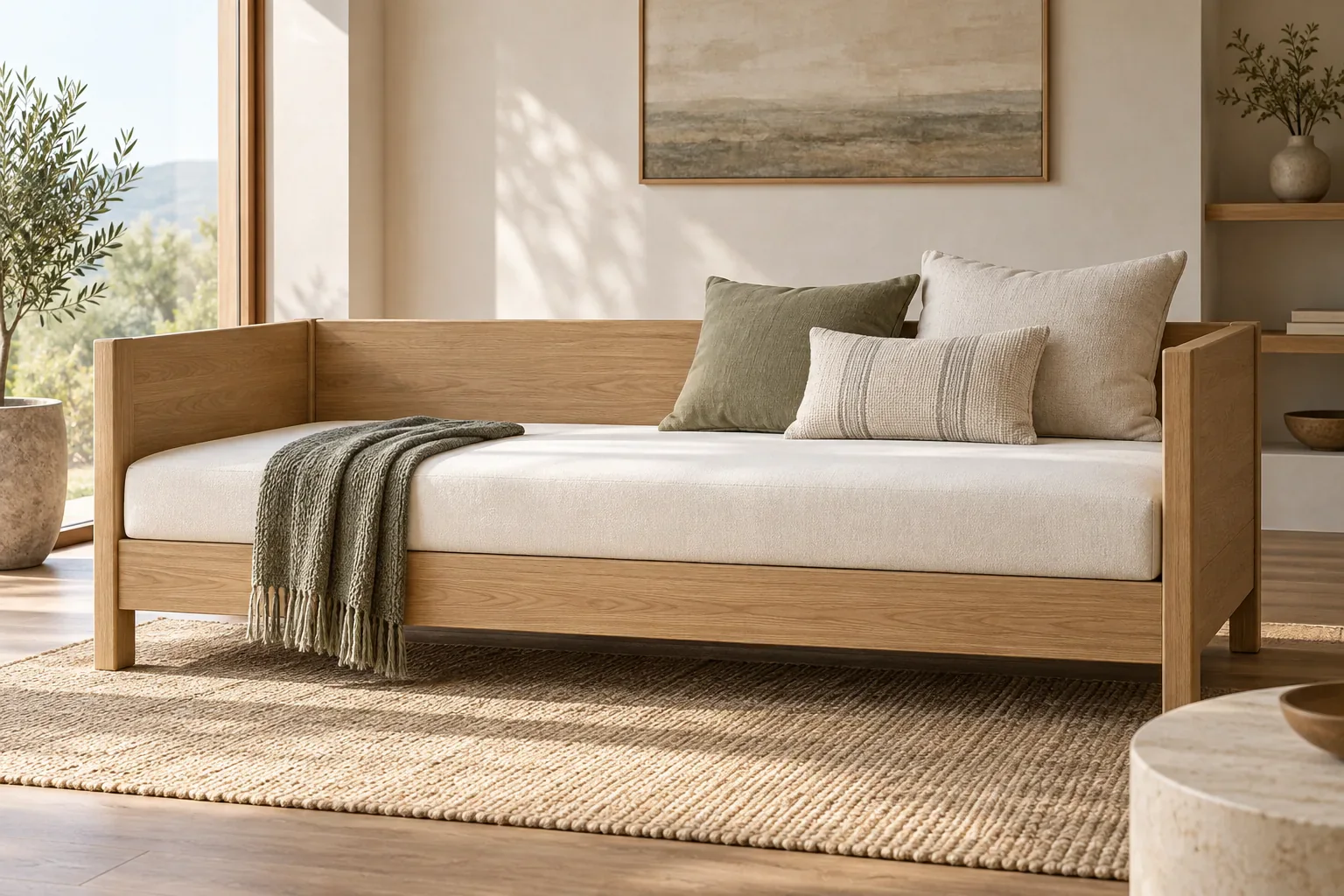 Oak daybed concept with fixed mattress and side rails