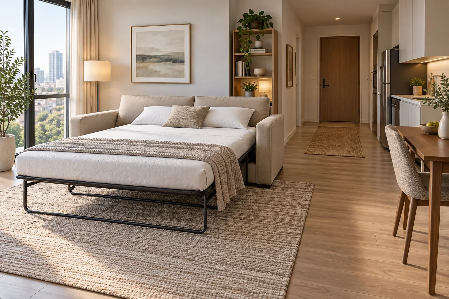 Open sleeper sofa concept in a studio apartment with adjacent aisle