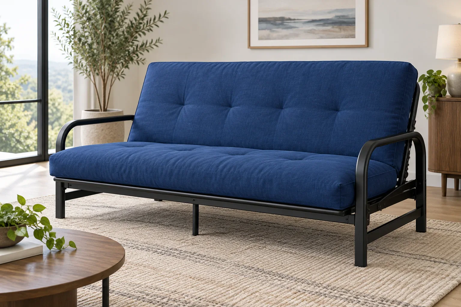 Metal bifold futon concept with continuous folded blue mattress