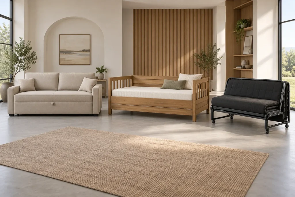 Sofa bed vs day bed vs futon concept comparison in a showroom