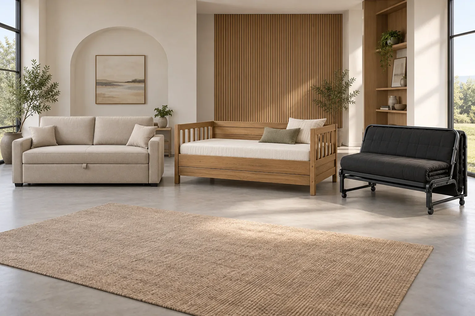 Sofa bed vs day bed vs futon concept comparison in a showroom