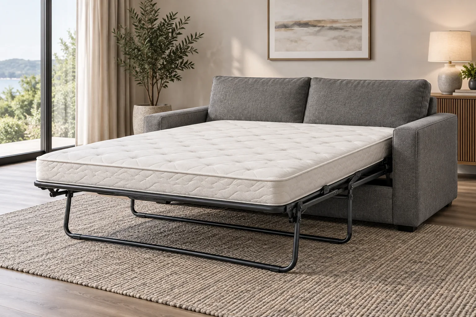 Manual pull-out sofa bed concept with separate mattress
