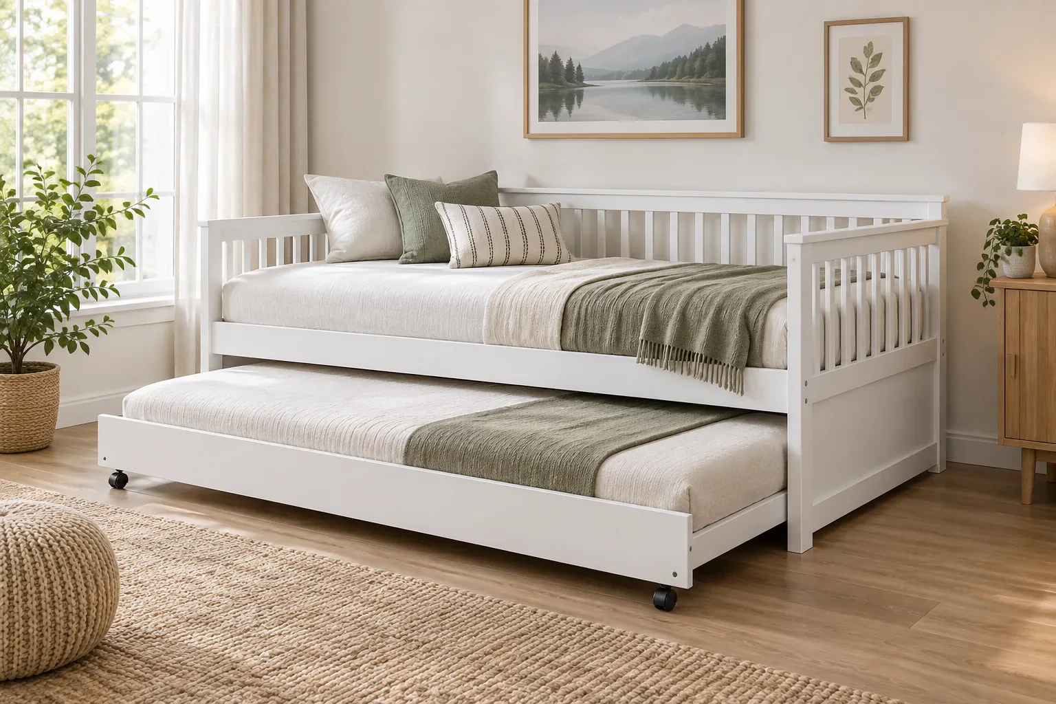 Daybed concept with separate low wheeled trundle mattress