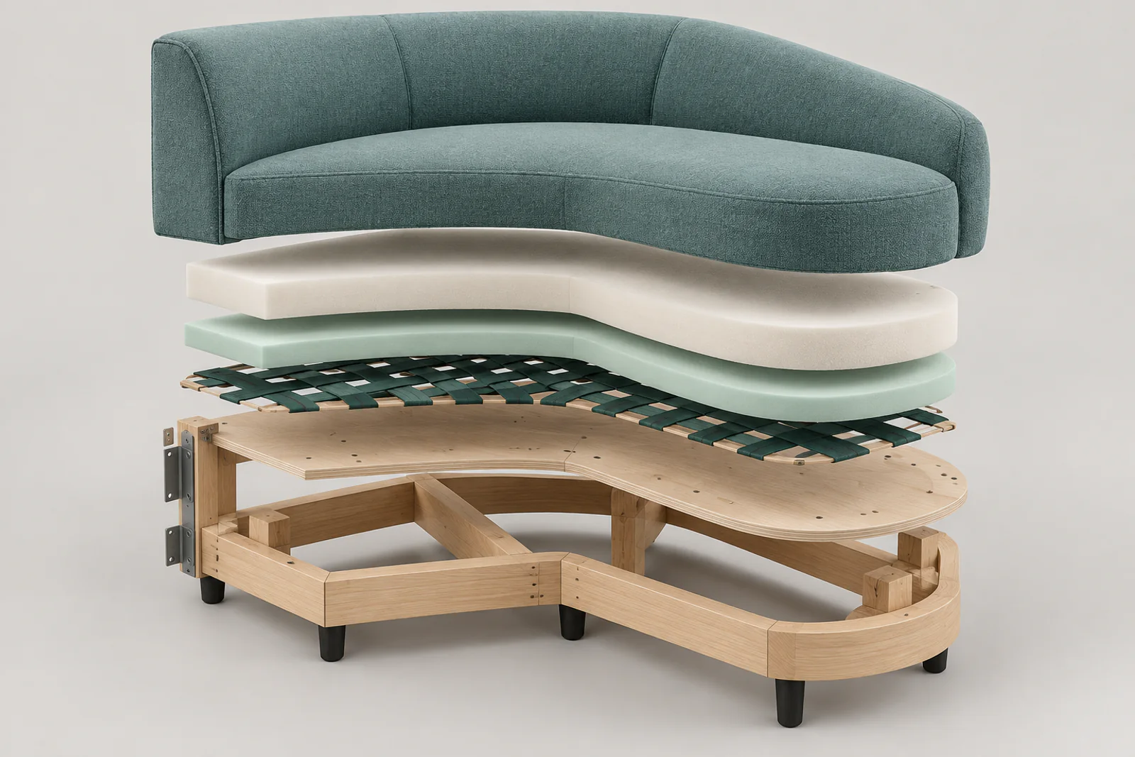 Cuddler module construction Exploded cuddler module showing upholstery, foam, webbing, frame and connector