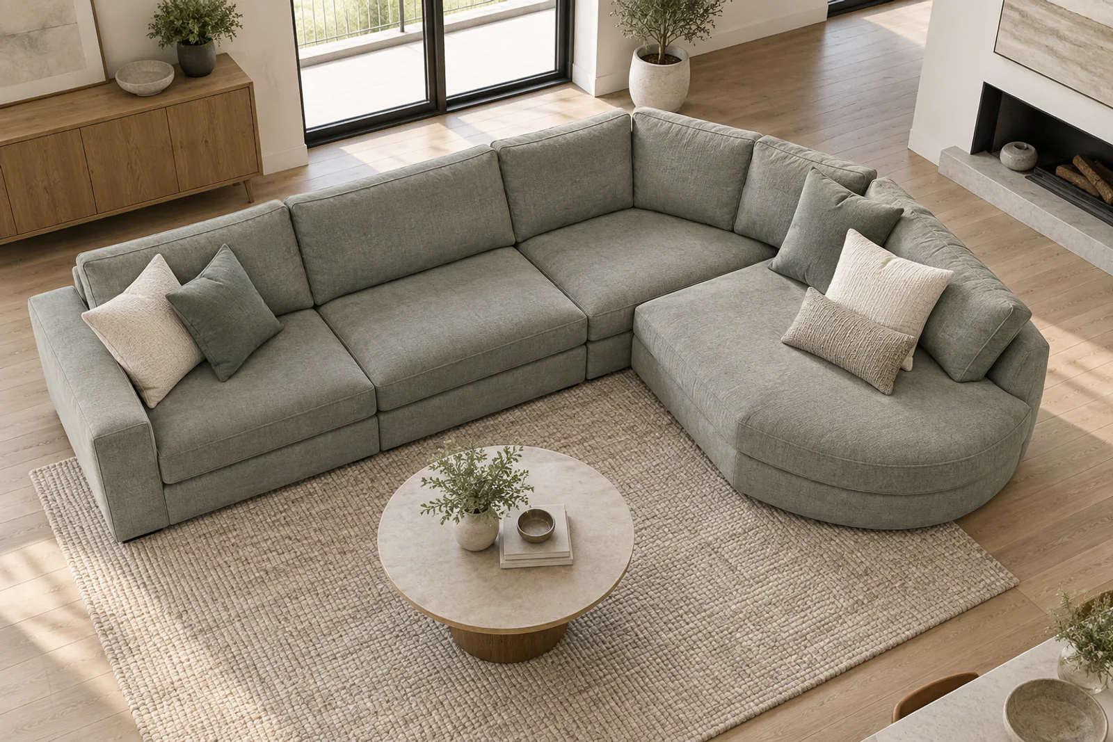 Cuddler sectional plan-view layout High-angle view of a modular sectional with a wide cuddler terminal