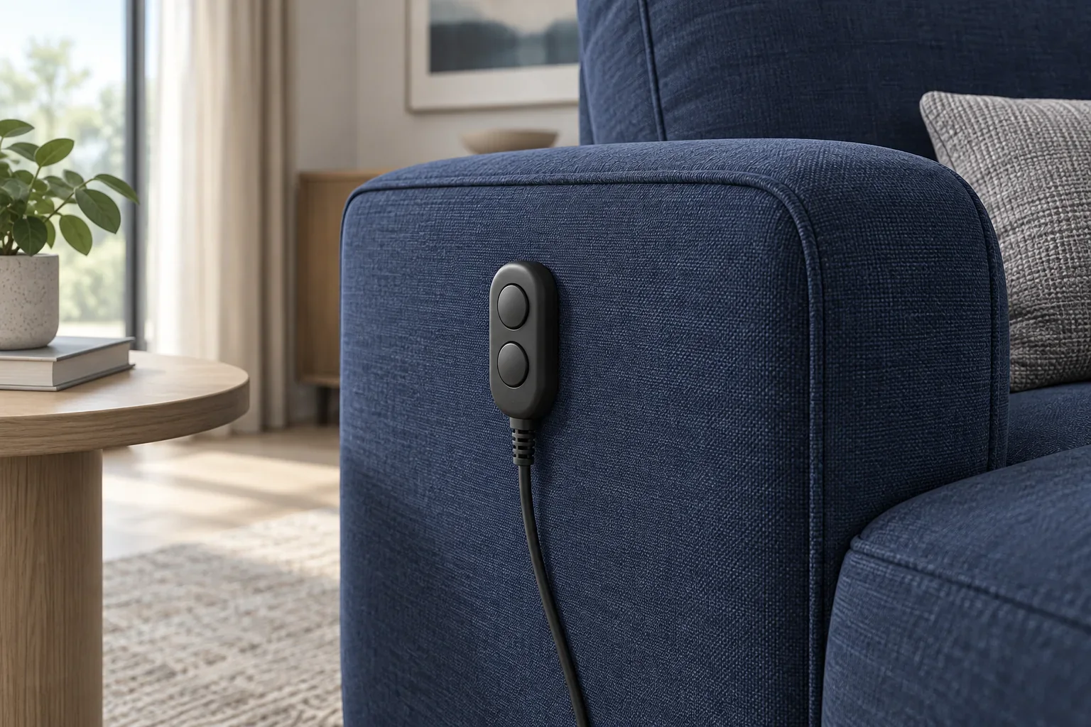 Two-button wired furniture control on a navy upholstered arm concept