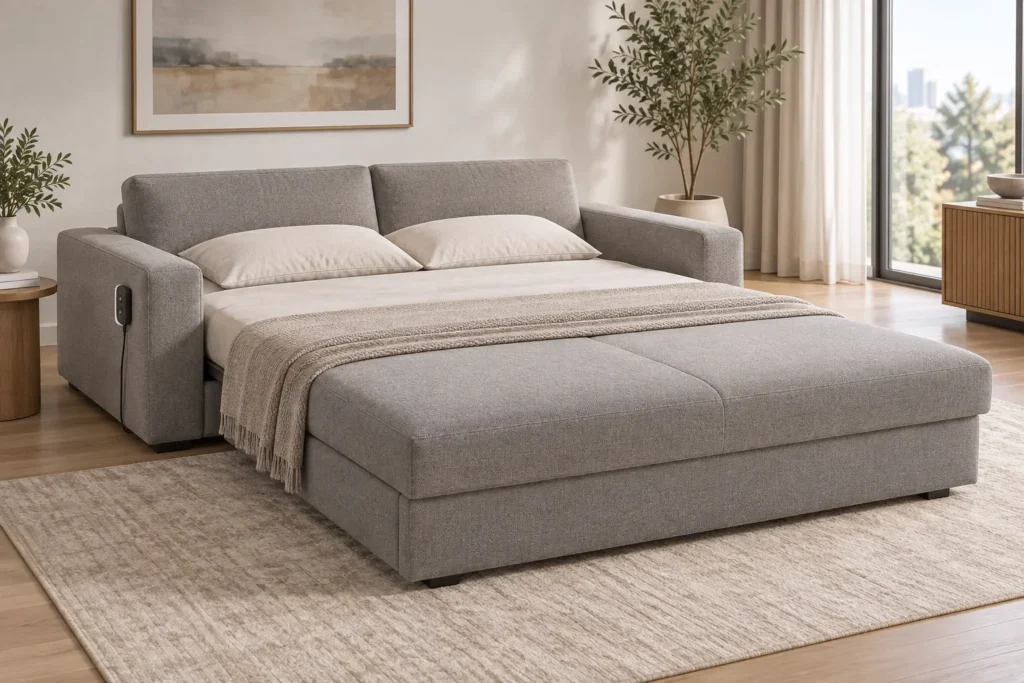 Electric sofa bed concept with extended sleeping platform and side control