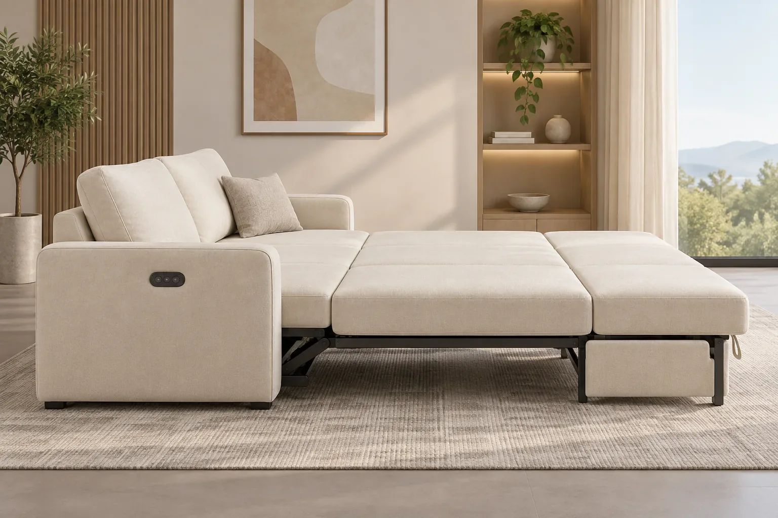 Cream powered sofa platform concept in open side view