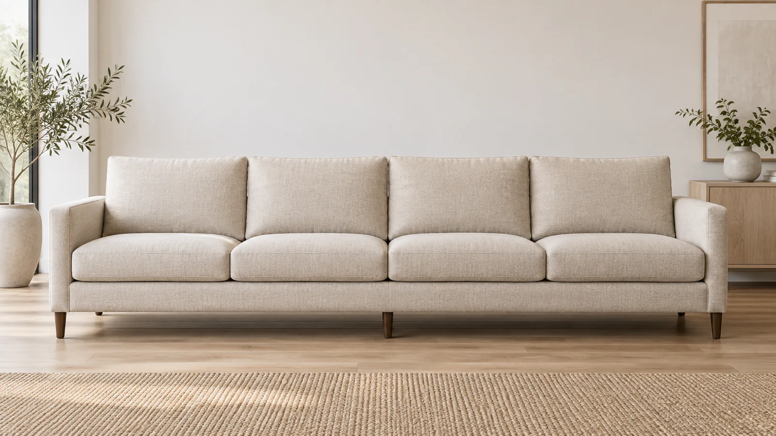 Four-seater sofa proportions Long oatmeal four seater sofa with four seat and back cushions