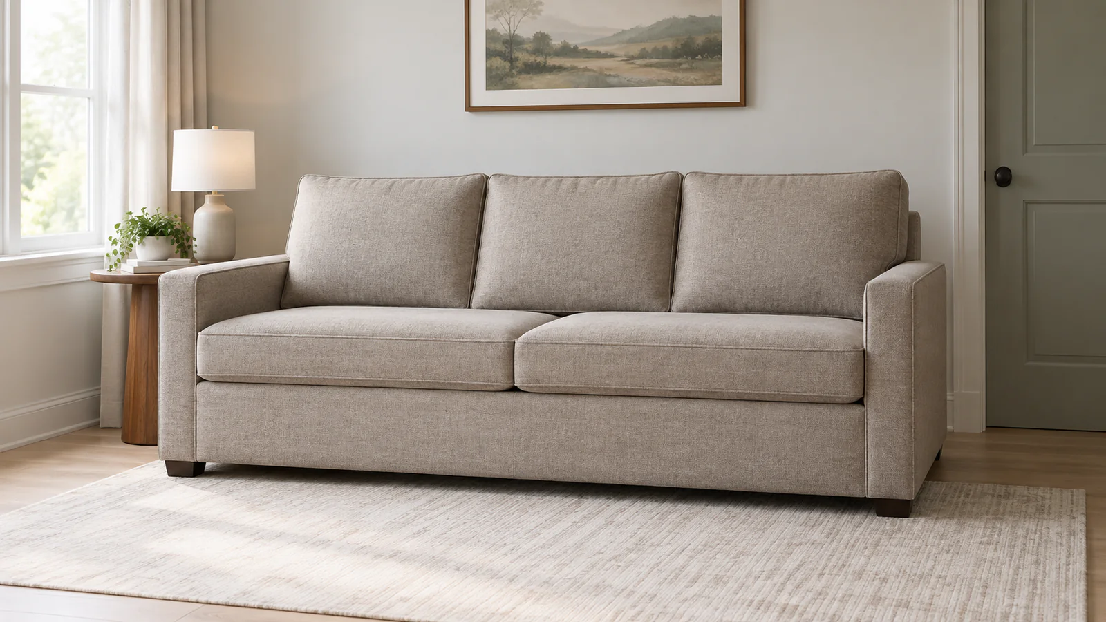 Modern pull-out sleeper sofa in closed mode in a compact guest room