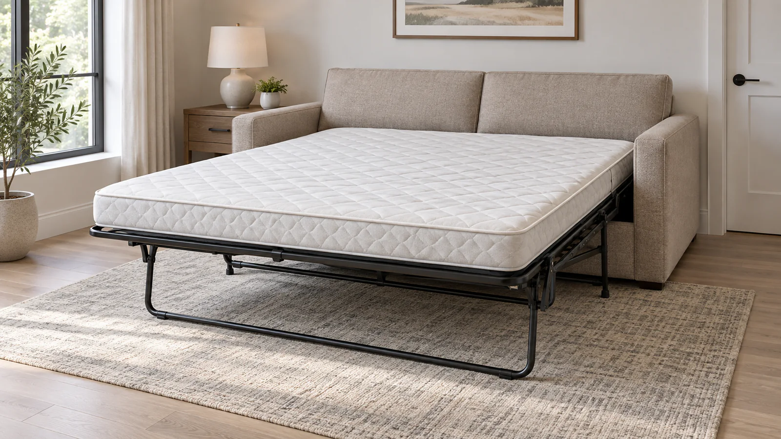 Modern pull-out sofa bed fully open with supported double mattress