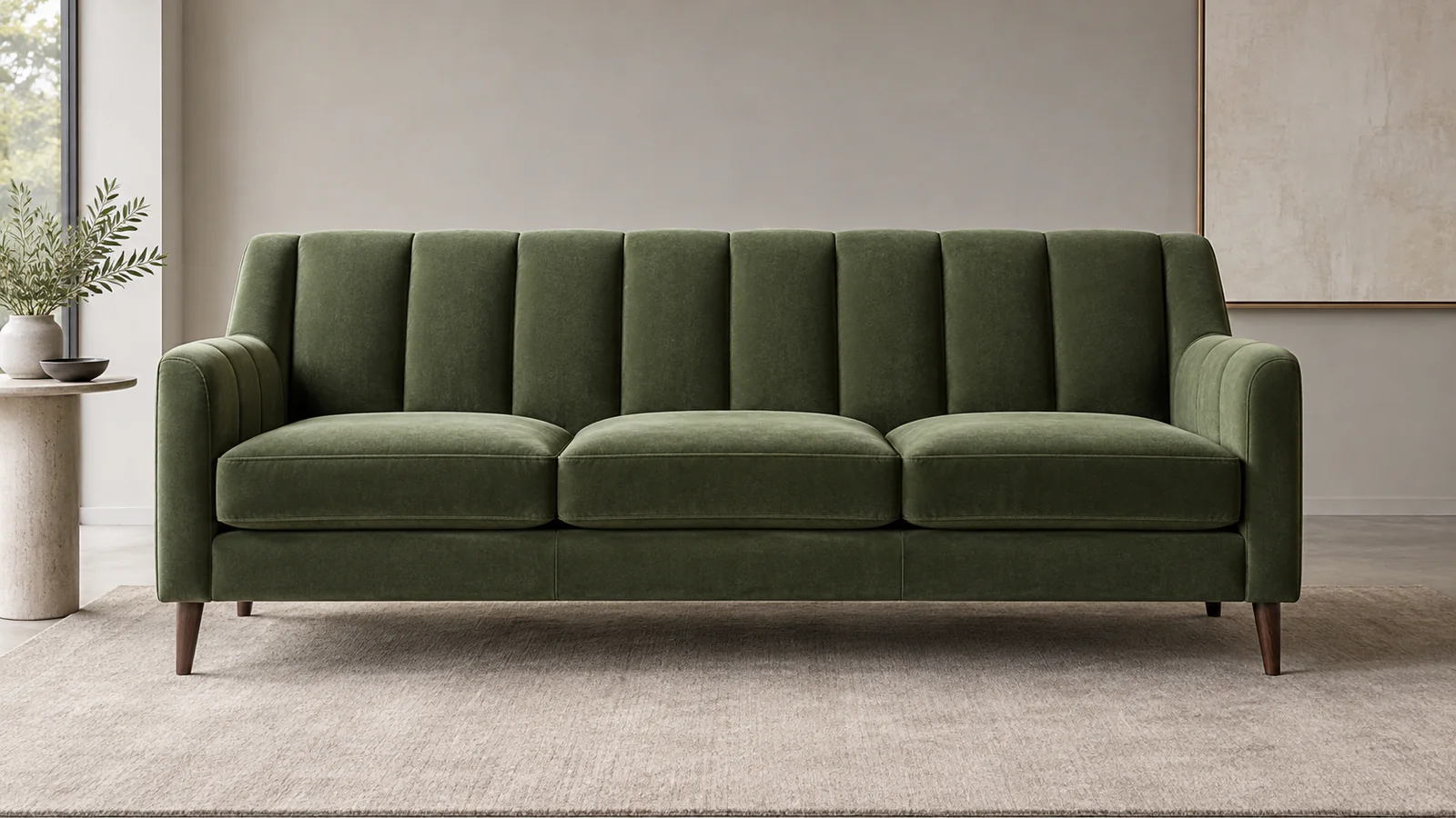 Green channel tufted sofa with evenly aligned vertical channels